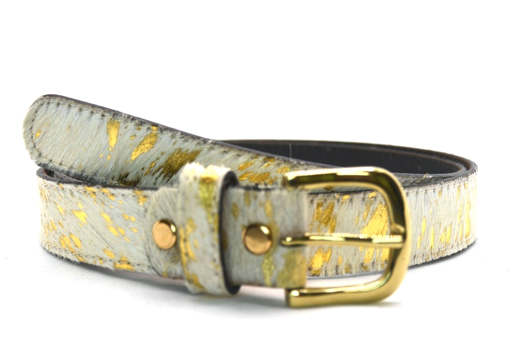 Timbelt Take It leren riem 3 cm | Koeienhuid vacht 30498 Koeprint - Goud/Wit nikkelvrij detail