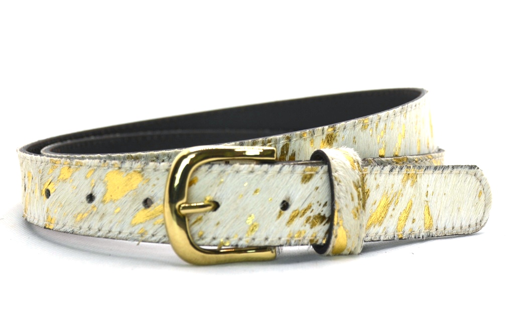 Timbelt Take It leren riem 3 cm | Koeienhuid vacht 30498 Koeprint - Goud/Wit nikkelvrij voorkant
