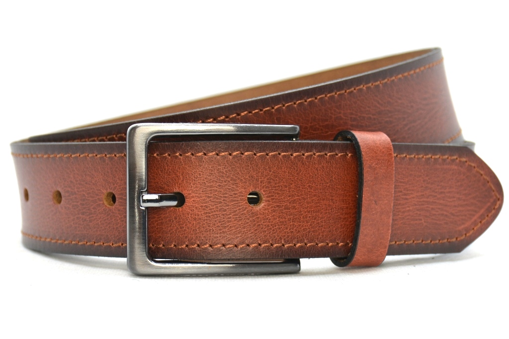 Timbelt heren jeansriem 4 cm | Volnerfleer 040/22 - Cognac nikkelvrije gesp voorkant