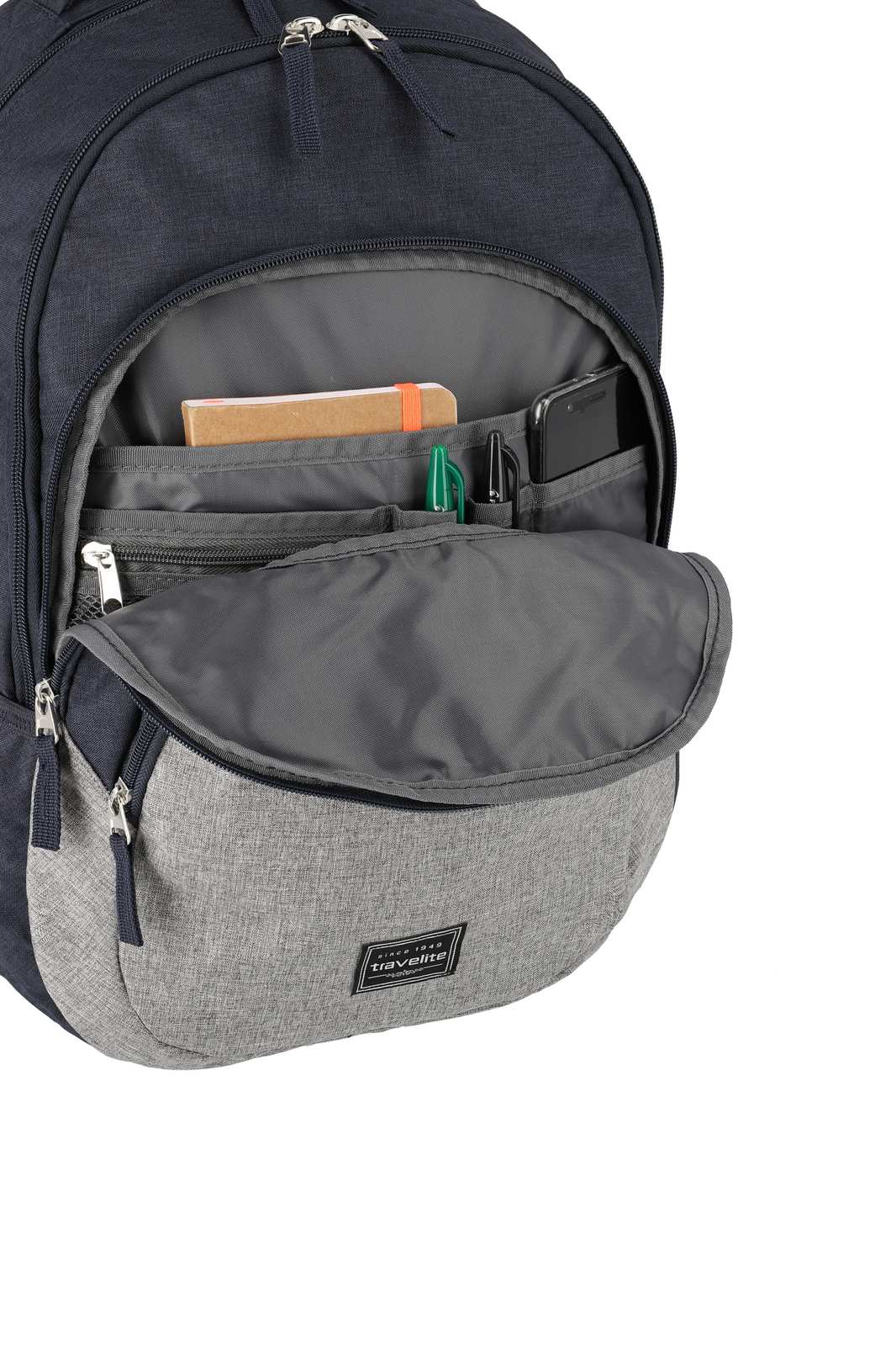 Travelite Basics Backpack Melange | Dagrugzak 96308 20 blauw grijs voorvak