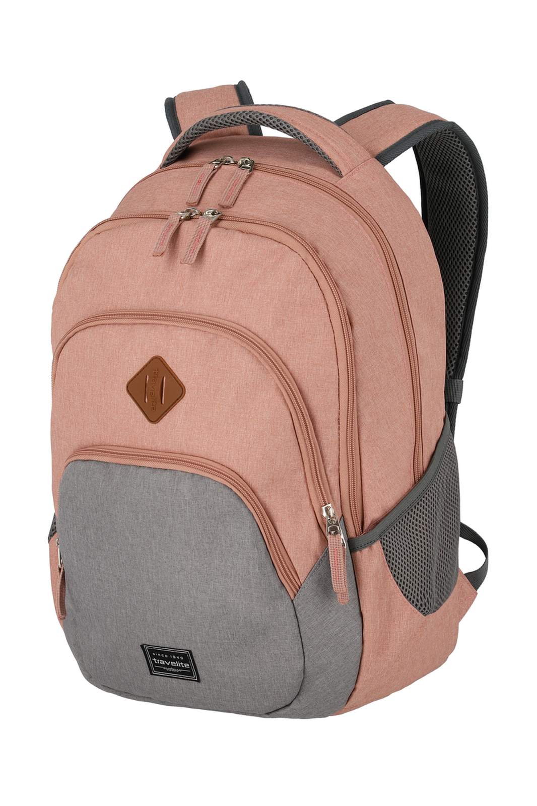 Travelite Basics Backpack Melange | Dagrugzak 96308 17 roze grijs schuin