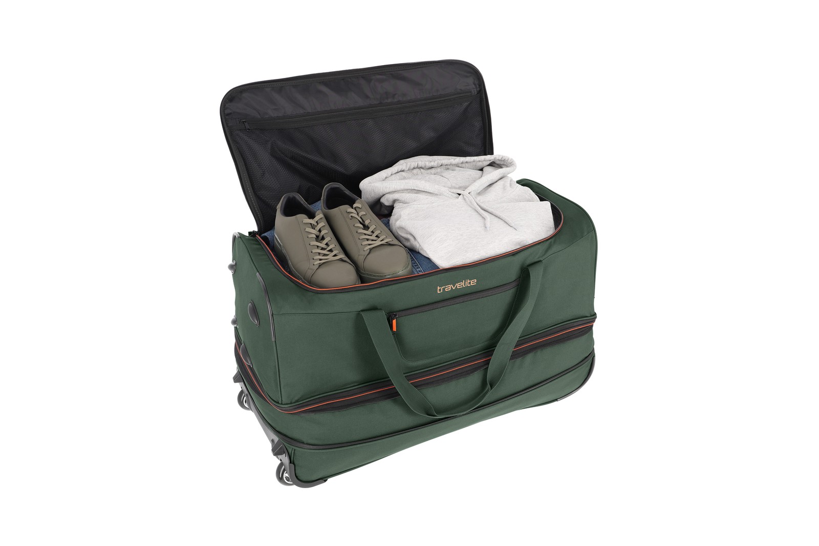 Travelite Basics Wheeled Duffle 70 Expandable 82 liter 96276 80 donkergroen binnenkant
